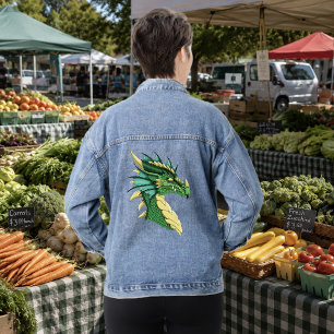 Emerald Green Dragon Portrait Head Fantasy Denim Jacket