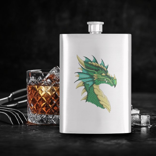 Emerald Green Dragon Portrait Head Fantasy Hip Flask (Creator Uploaded)