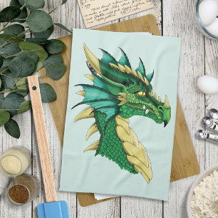 Emerald Green Dragon Portrait Head Fantasy Tea Towel