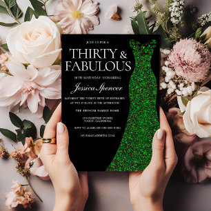 Emerald Green Dress & Black 30th Birthday Party Invitation