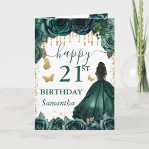 Emerald Green Dress Dark Skin Princess Birthday Card