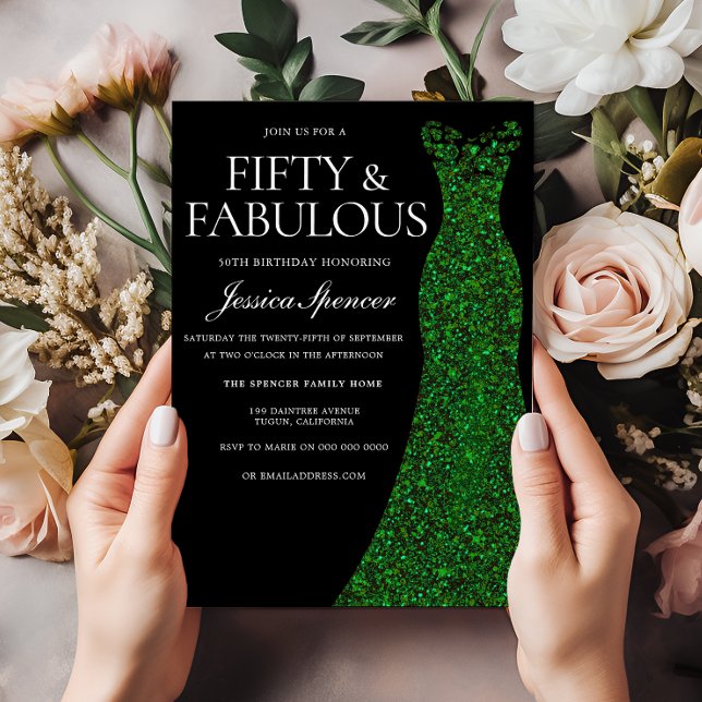 Emerald Green Dress Fifty Fab Black 50th Birthday Invitation (Creator Uploaded)