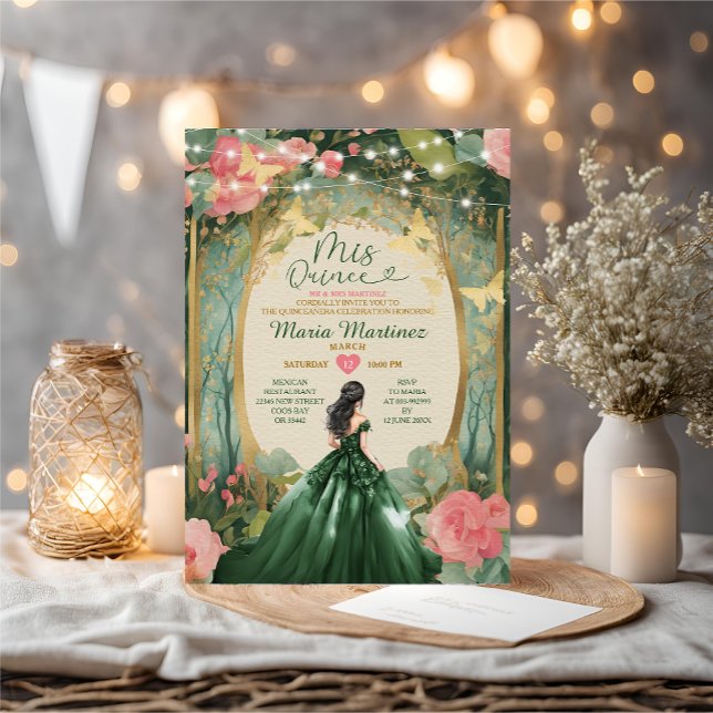 Emerald Green Dress Gold Floral Forest Mis Quince Invitation (Creator Uploaded)