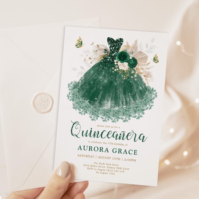 Emerald Green Dress Quinceañera Mis Quince 15 Años Invitation (Creator Uploaded)