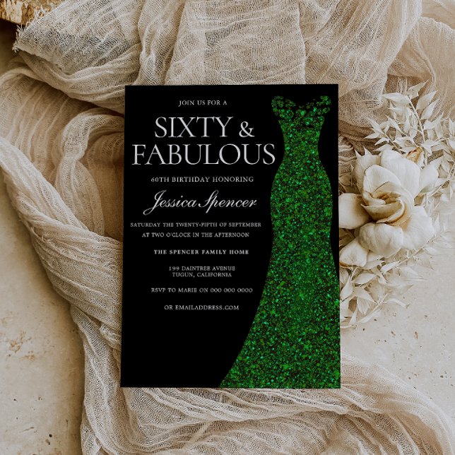 Emerald Green Dress Sixty &Fab Black 60th Birthday Invitation (Creator Uploaded)