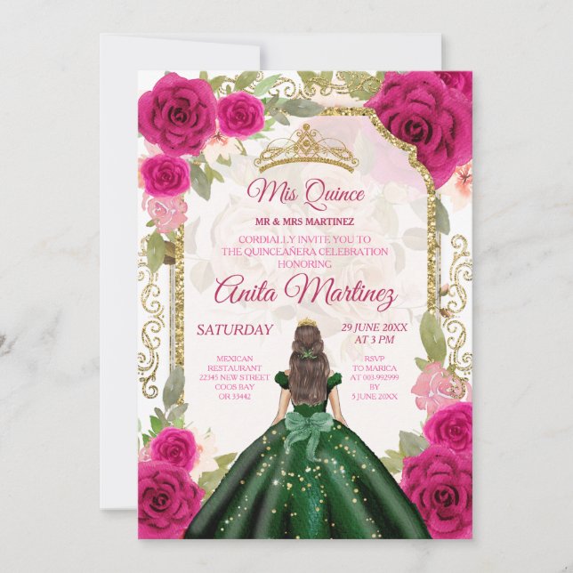 Emerald Green Dresses Fuschia Pink Mis Quince Invitation (Front)