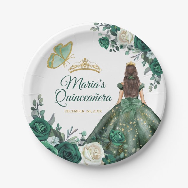 Emerald Green Dresses Quinceañera Crown Birthday Paper Plate (Front)