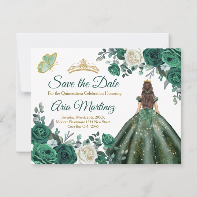 Emerald Green Dresses Quinceañera Save the Date Thank You Card (Front)