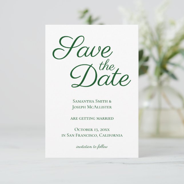 Emerald Green Elegant Calligraphy Save the Date Invitation (Standing Front)