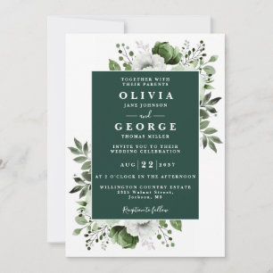 Emerald Green Elegant Floral All In One Wedding Invitation