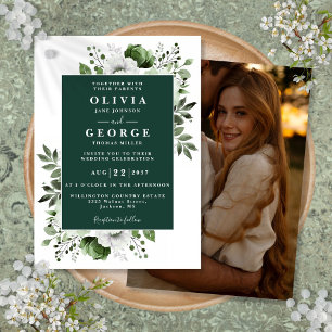 Emerald Green Elegant Floral Photo Wedding Invitation