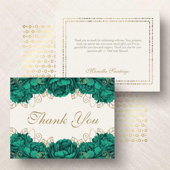 Emerald Green Elegant Floral Quinceanera Thank You Card (Creator Uploaded)