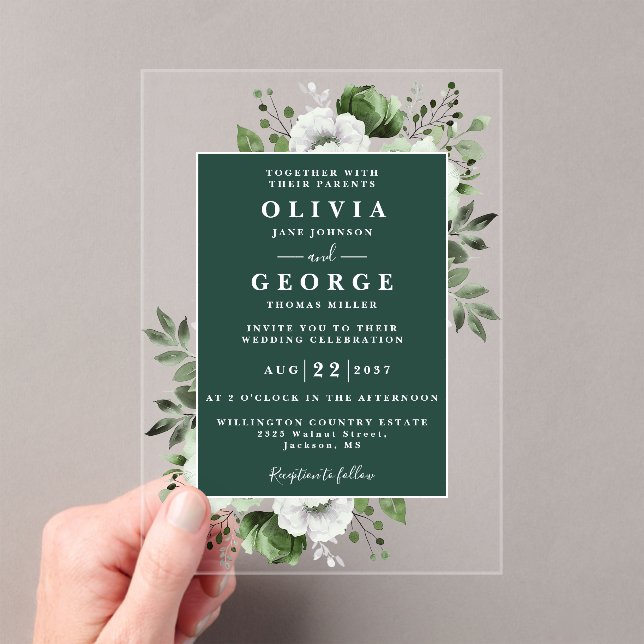 Emerald Green Elegant Floral Wedding Acrylic Invitations (Insitu (Handheld))