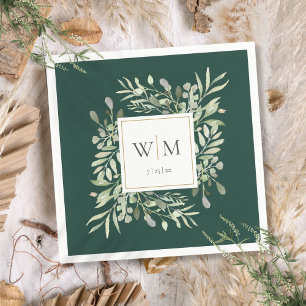 Emerald Green Elegant Greenery Monogram Napkin