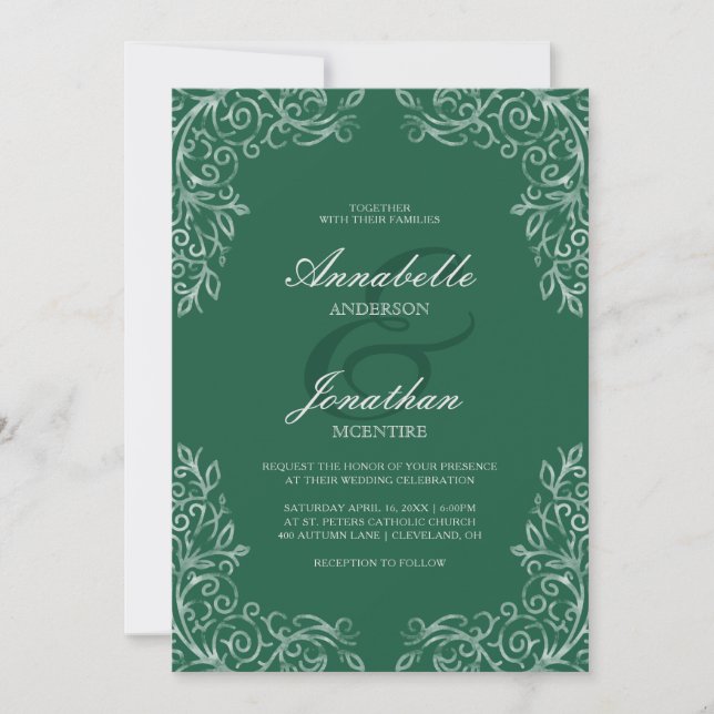 Emerald Green elegant lace wedding invitation (Front)