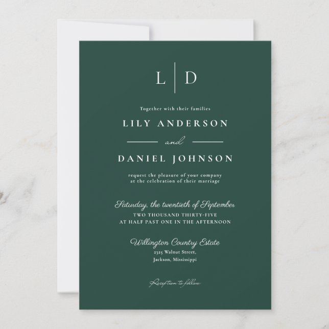 Emerald Green Elegant Minimalist Monogram Wedding Invitation (Front)