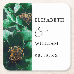 Emerald Green Elegant Modern Floral Wedding Square Paper Coaster