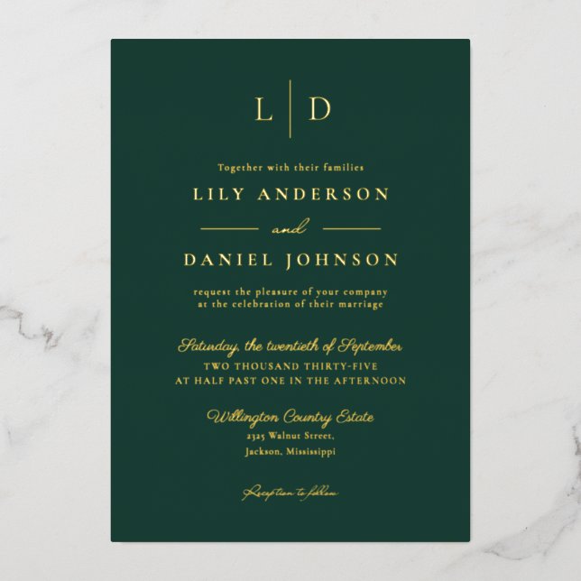 Emerald Green Elegant Modern Monogram Wedding Gold (Front)