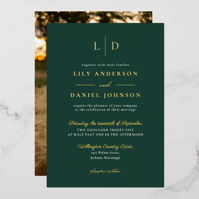 Emerald Green Elegant Monogram Wedding Photo Gold (Front/Back)