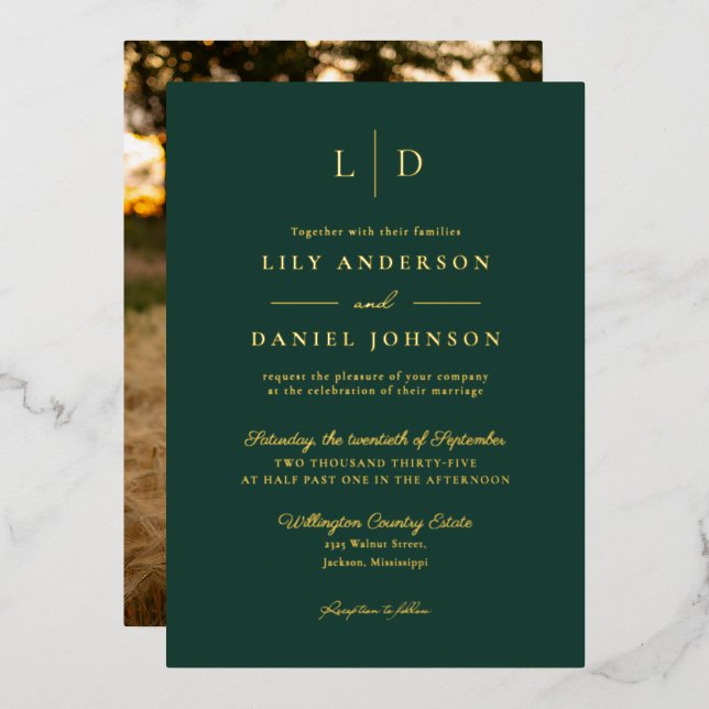 Emerald Green Elegant Monogram Wedding Photo Gold (Front/Back)