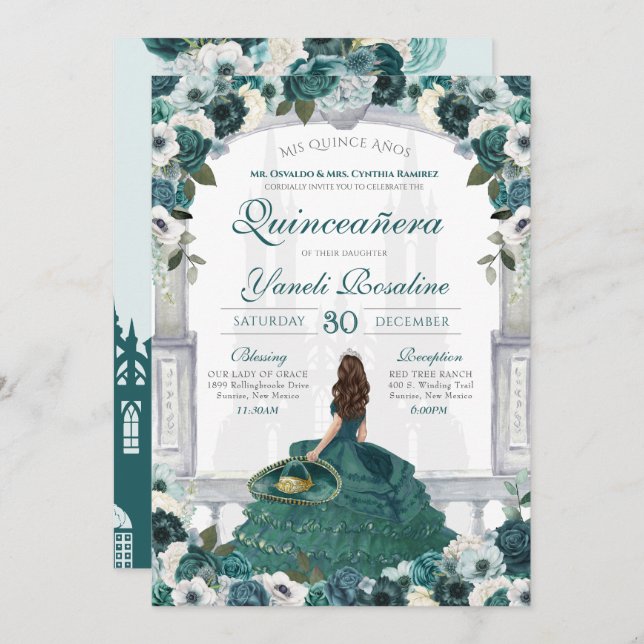 Emerald Green Elegant Princess Charro Quinceanera Invitation (Front/Back)