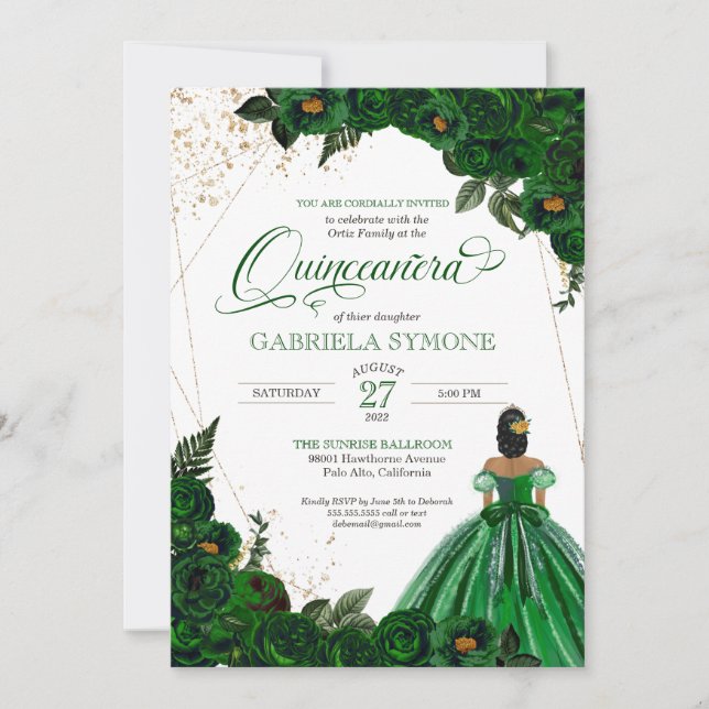 Emerald Green Elegant Roses and Gown Quinceanera Invitation (Front)