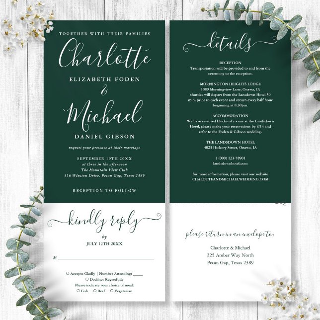 Emerald Green Elegant Script All In One Wedding Invitation (Emerald Green Elegant Script All In One Wedding Invitation)