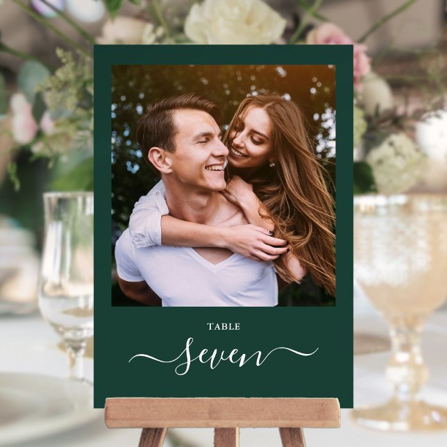 Emerald Green Elegant Script Photo Table Number (Emerald Green Elegant Script Photo Table Number)