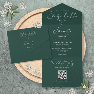 Emerald Green Elegant Script QR Code Wedding All In One Invitation