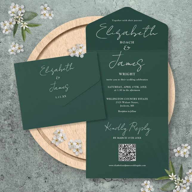 Emerald Green Elegant Script QR Code Wedding All In One Invitation (Emerald Green Elegant Script QR Code Wedding All In One Invitation)