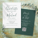 Emerald Green Elegant Script QR Code Wedding Invitation<br><div class="desc">Featuring signature style names,  this elegant emerald green wedding invitation can be personalised with all your special wedding day information on the front,  your wedding website details,  and your QR code on the reverse. Designed by Thisisnotme©</div>