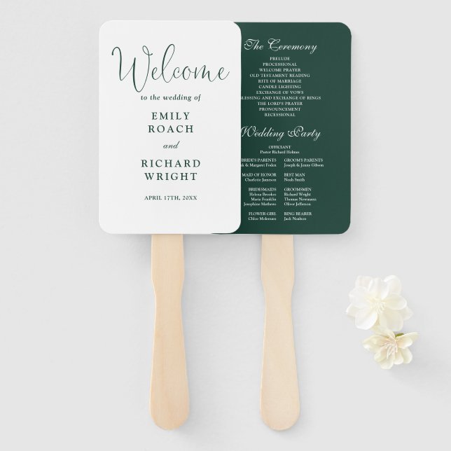 Emerald Green Elegant Script Wedding Program Hand Fan (Front and Back)