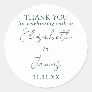 Emerald Green Elegant Script Wedding Thank You Classic Round Sticker