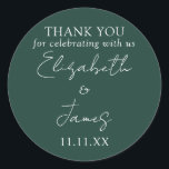Emerald Green Elegant Script Wedding Thank You Classic Round Sticker<br><div class="desc">This demerald green minimalist elegant script wedding thank you sticker can be personalised with your information in chic typography. Designed by Thisisnotme©</div>
