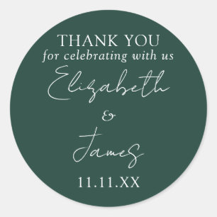 Emerald Green Elegant Script Wedding Thank You Classic Round Sticker