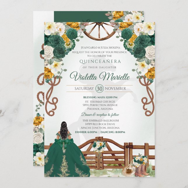 Emerald Green Elegant Western Charro Quinceanera Invitation (Front/Back)