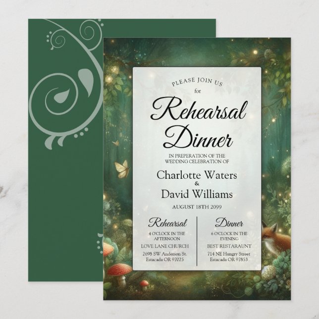 Emerald Green Enchanted Forest Rehearsal Dinner Invitation (Front/Back)