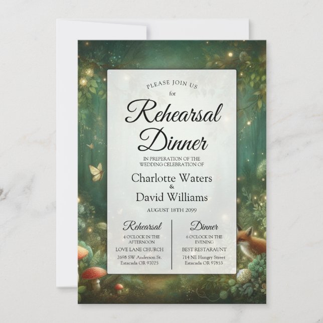 Emerald Green Enchanted Forest Rehearsal Dinner Invitation (Front)