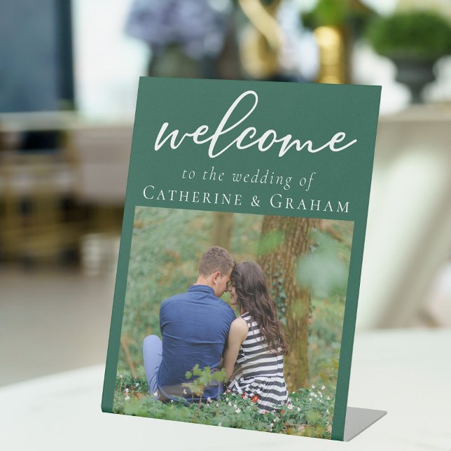 Emerald Green Engagement Photo Wedding Welcome Pedestal Sign (Creator Uploaded)