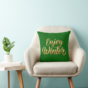 Emerald Green Enjoy Winter - Gold Script Decor Cushion