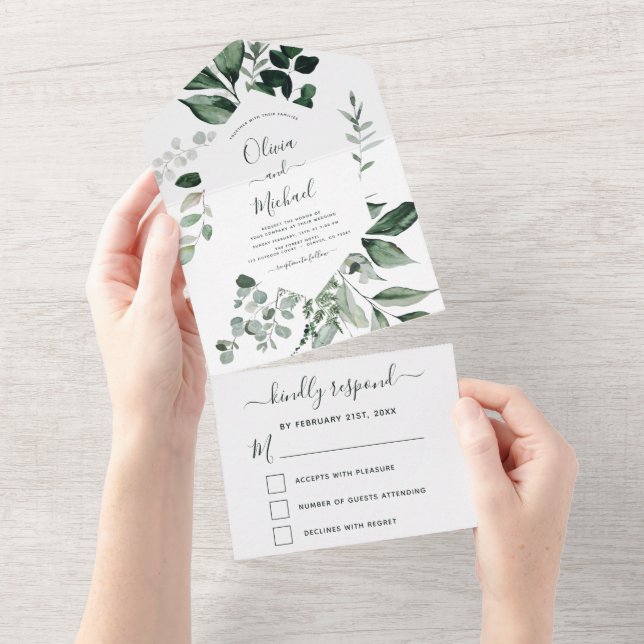 Emerald Green Eucalyptus Greenery Wedding RSVP All In One Invitation (Tearaway)