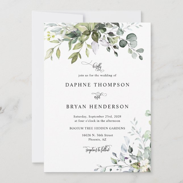 Emerald Green Eucalyptus Wedding QR Code Photo Invitation (Front)