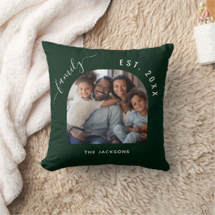 Emerald green family photo name year cushion