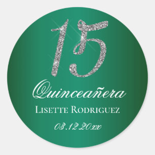 Emerald Green Faux Glitter 15 Quinceanera Classic Round Sticker
