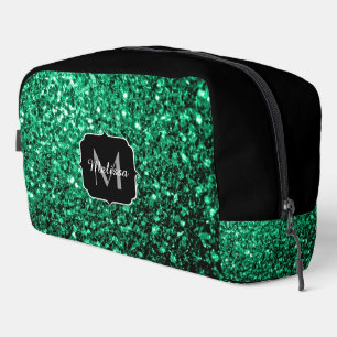 Emerald green faux glitter sparkles black Monogram Dopp Kit