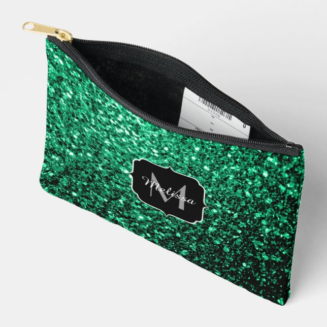 Emerald green faux glitter sparkles Monogram Accessory Pouch (Open)