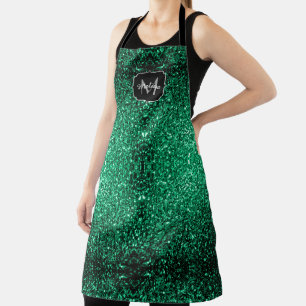 Emerald Green faux glitter sparkles Monogram Apron