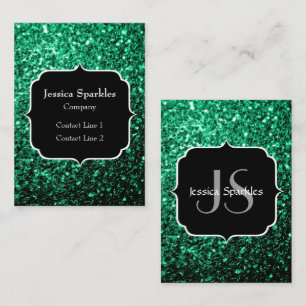 Emerald Green faux glitter sparkles Monogram Business Card