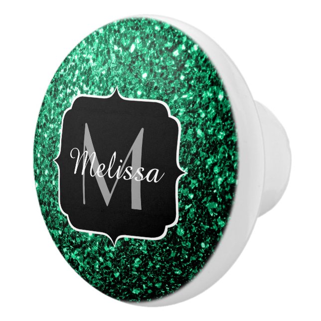 Emerald Green faux glitter sparkles Monogram Ceramic Knob (Right)