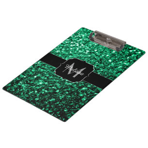 Emerald Green faux glitter sparkles Monogram Clipboard